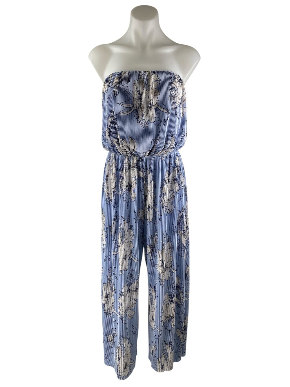 19 Cooper Blue Floral Rib Strapless Bandeau Wide Leg Tube Romper Jumpsuit Size M